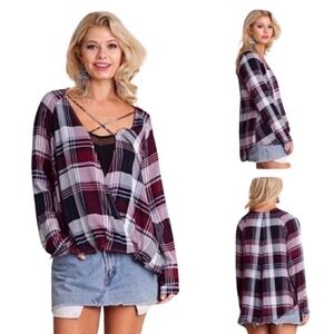 UMGEE Criss Cross Plaid Surplice Top
